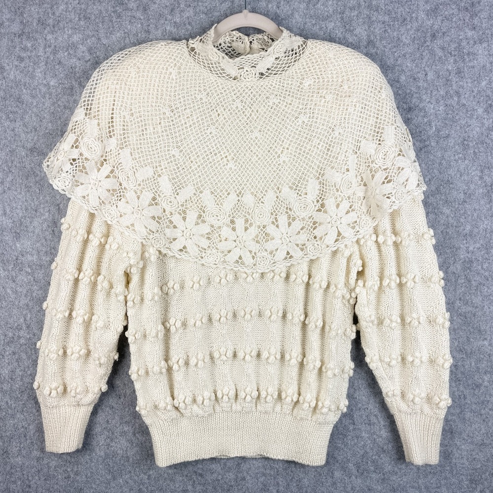VTG Catherine Lover Sweater Womens L Wool Blend Hand Knit Bobble Crochet Boho